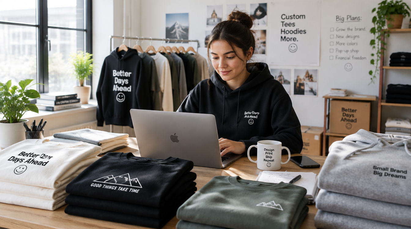 Entrepreneur running a UK print-on-demand clothing business with custom printed t-shirts and hoodies