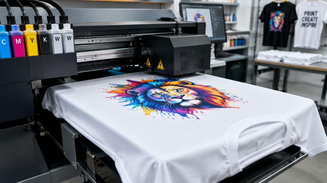 DTG printer printing a colourful design onto a white t-shirt