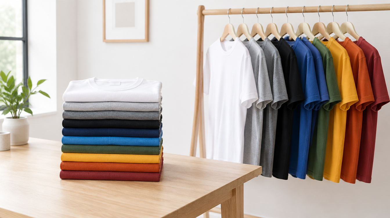 Stack and rail of blank t-shirts in assorted colours for custom printing